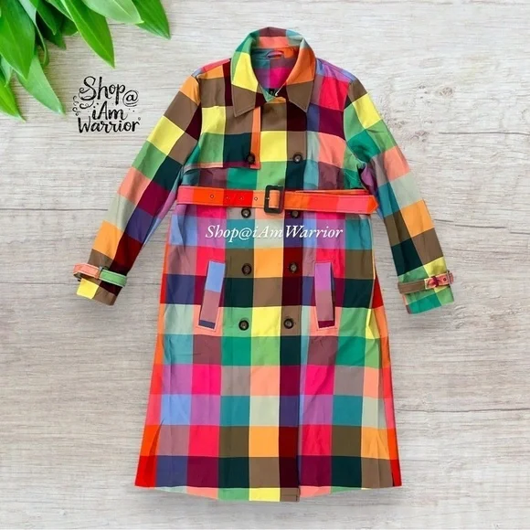 Rainbow checkered NWT double breasted belted trench coat *shop@iamwarrior - Picture 10 of 16